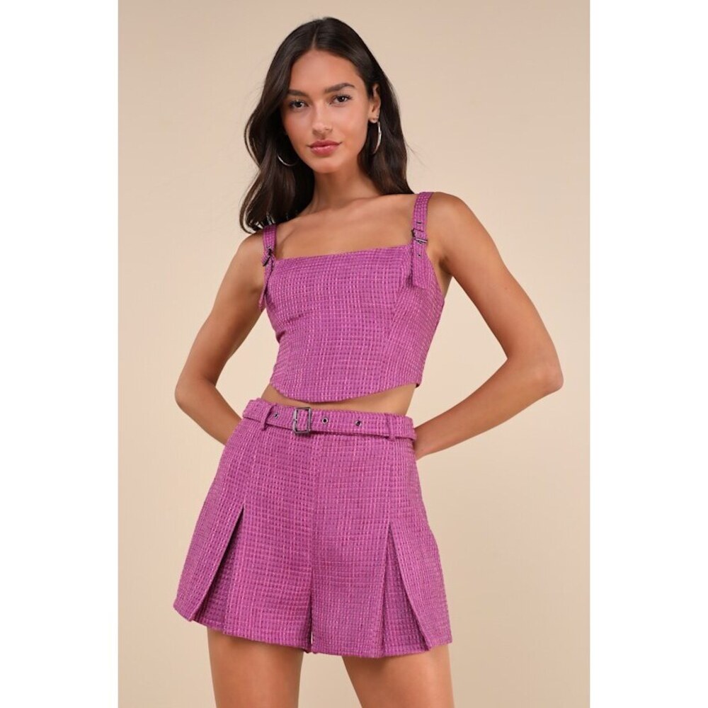 Lulus Bold Cutie Purple Tweed Buckle Strap Crop Tank Top - Size S